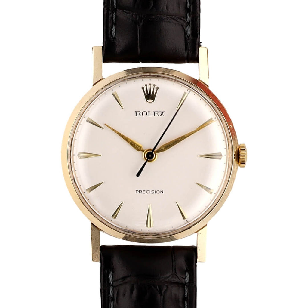 gold rolex dress watch Precision 9k – Dennison Case (Circa 1962) Black/Gold